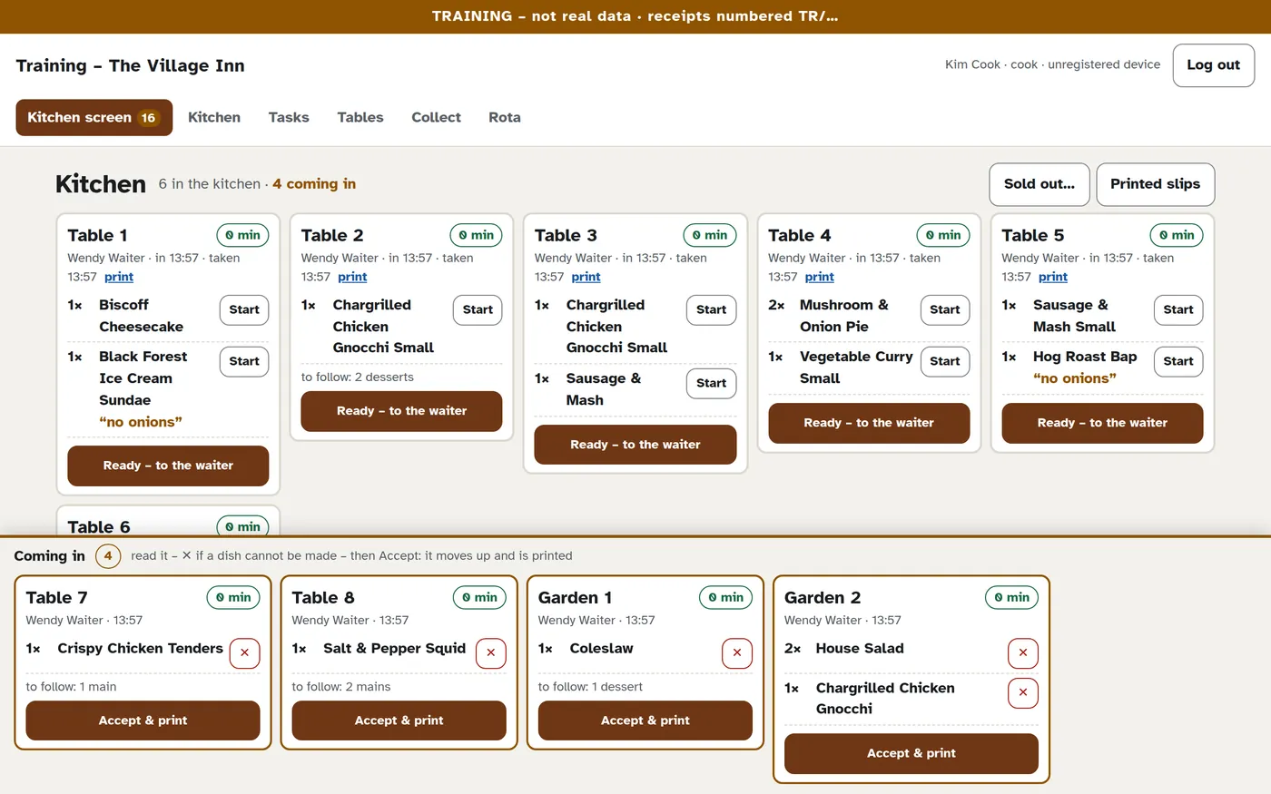 The kitchen screen: accepted tickets at the top, orders coming in at the bottom
